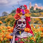 woman in a a costume and makeup for the day of the dead in mexico